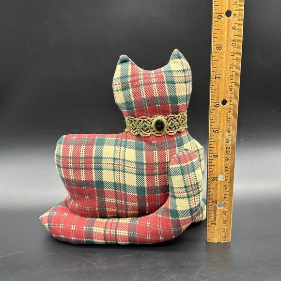 Vintage Cat Shaped Throw Pillow Red Green Plaid Stuffed Animal Kitty Kitten - Picture 9 of 10